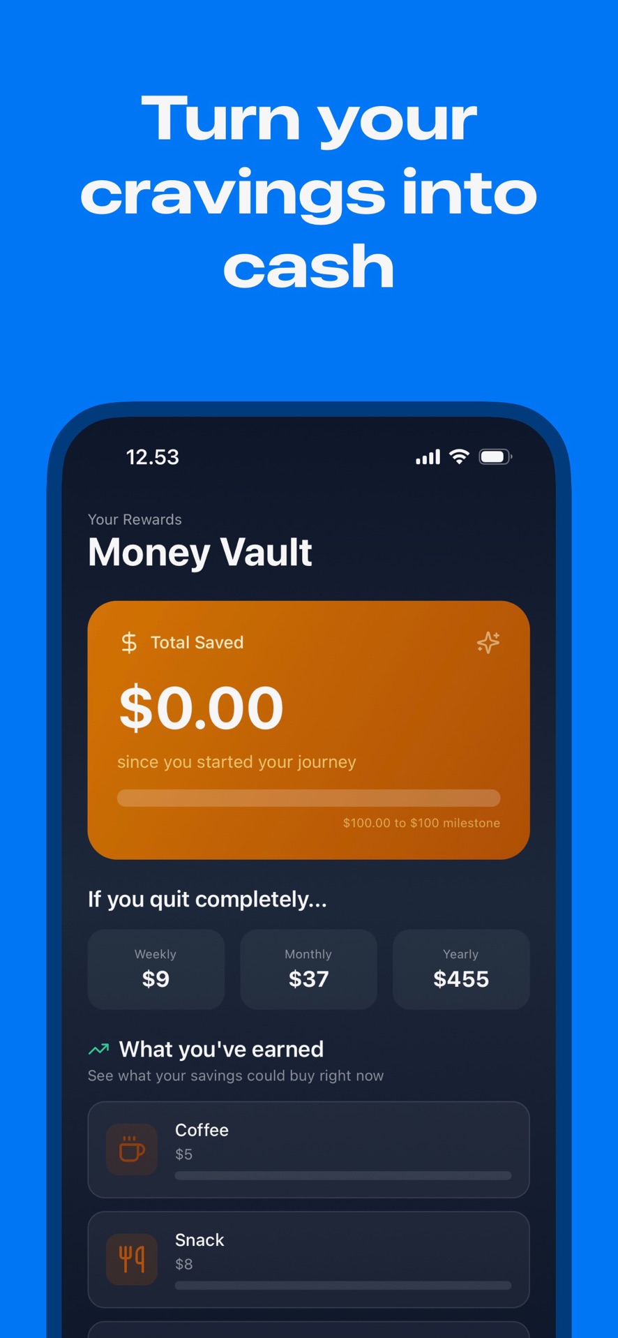 Pouch Free Money Vault showing total saved, weekly monthly and yearly estimates, and rewards such as coffee